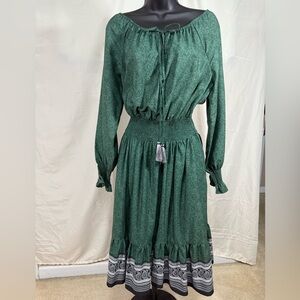Eshakti Dress sz4 Smocked Green LS pockets Cottagecore Prairie Boho